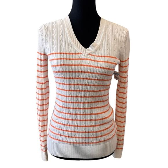 New TOMMY HILFIGER Women's Cream/Orange V Neck Stripe Cable Sweater Size S - Picture 2 of 6